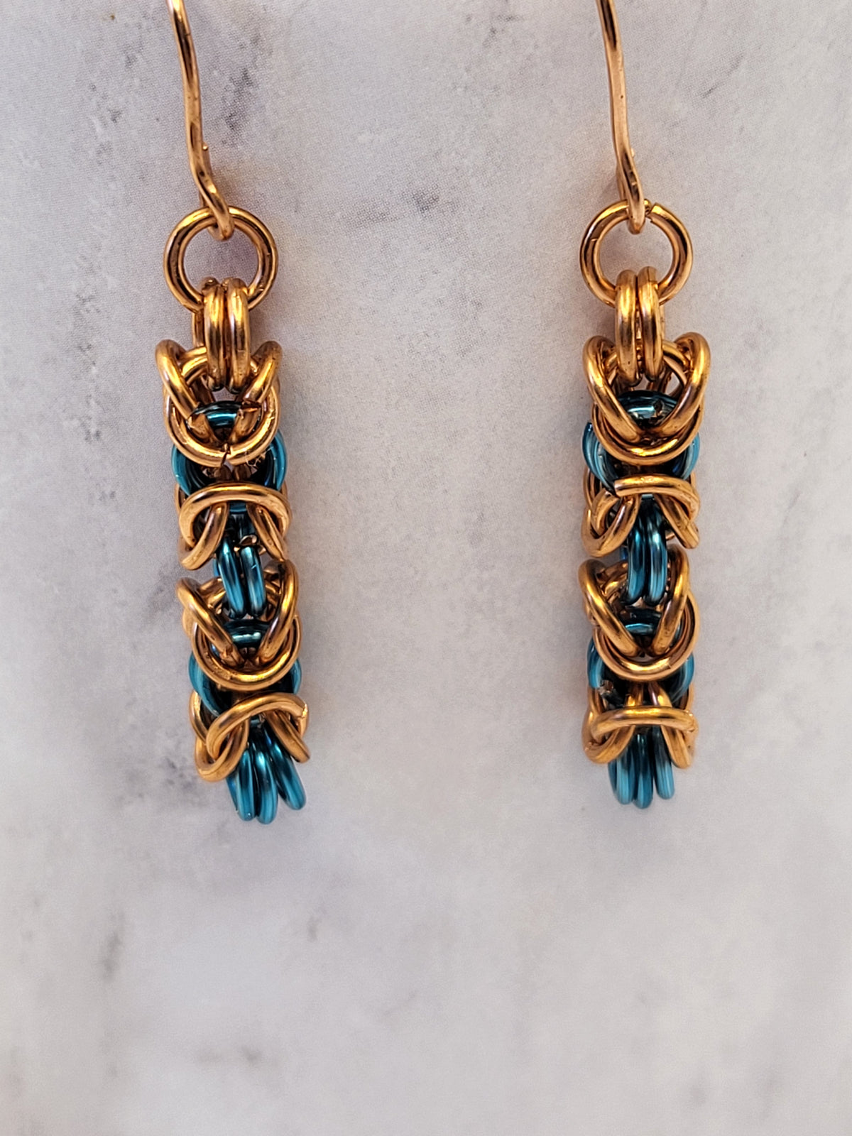 Copper and Blue chain mail earrings