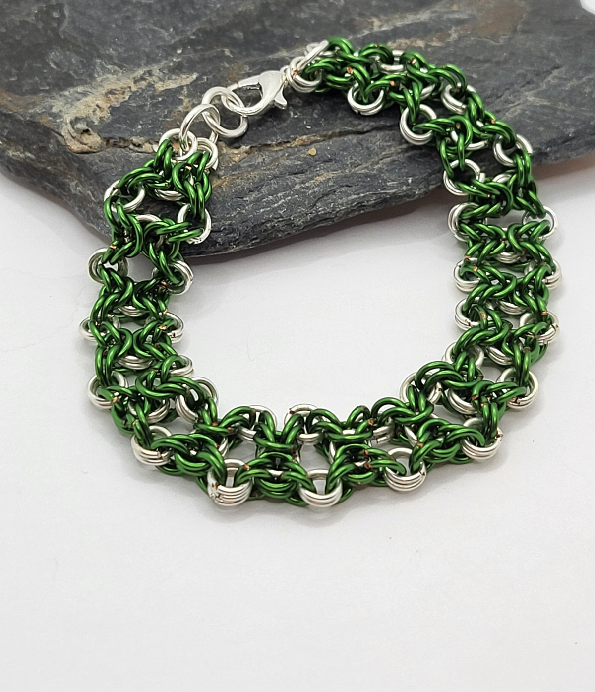 Silver and Green Chain Mail Bracelet