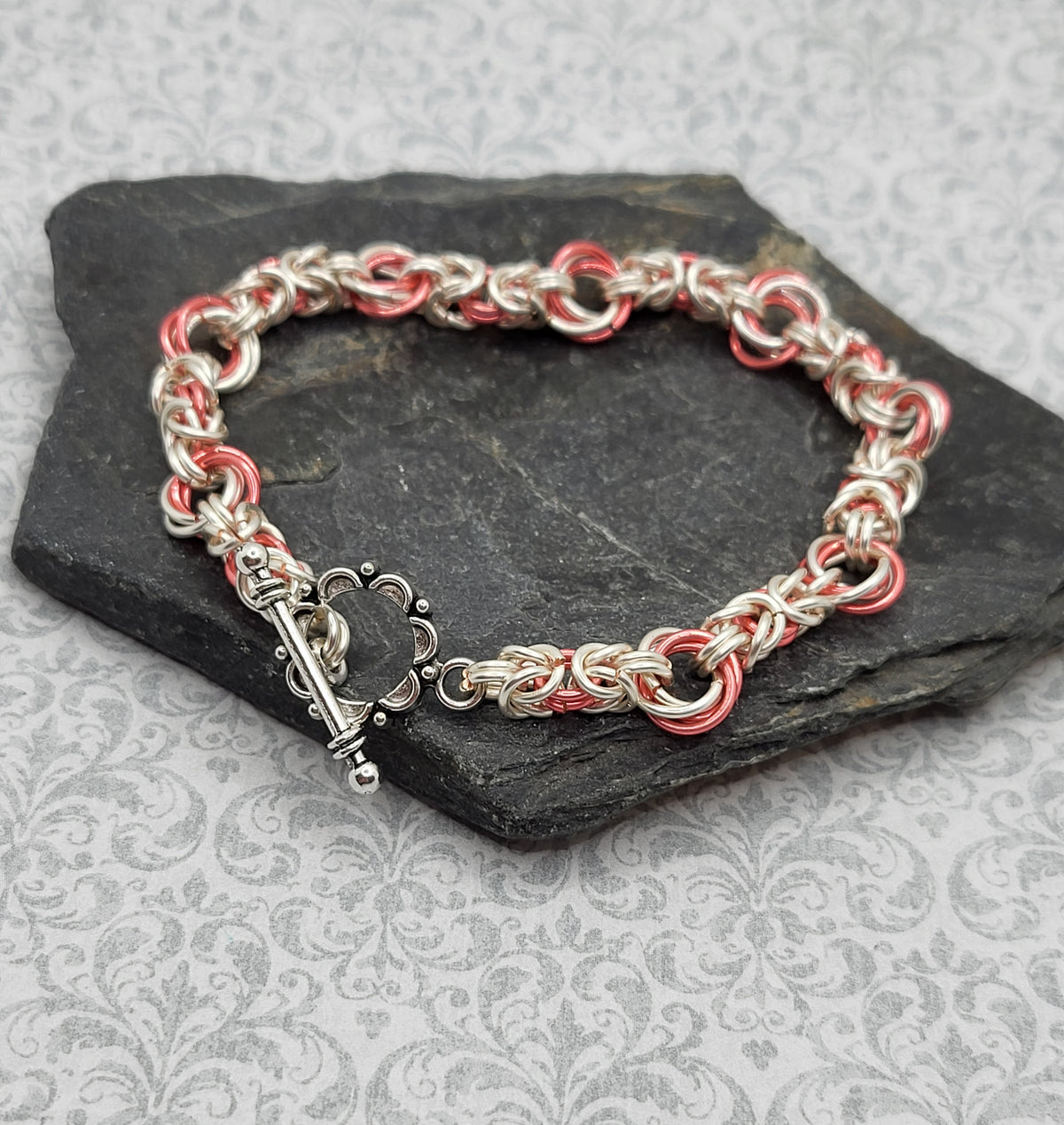 Silver and Coral Chain Mail Bracelet