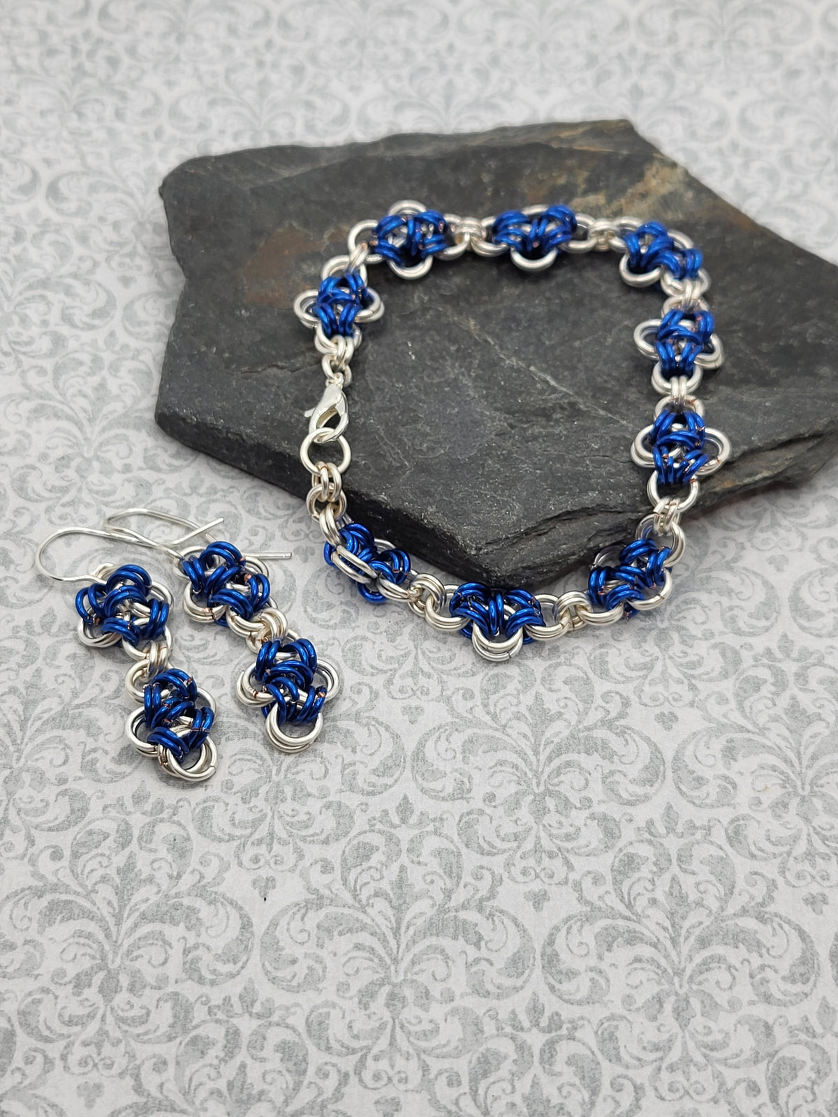 Blue and Silver Criss-Cross Chain Mail Earrings