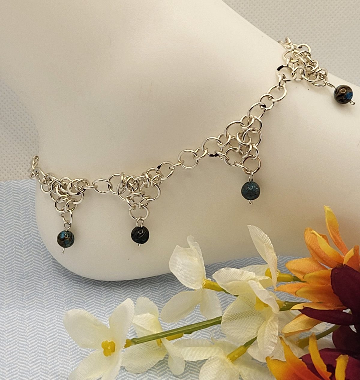 silver anklet with purple jasper beads