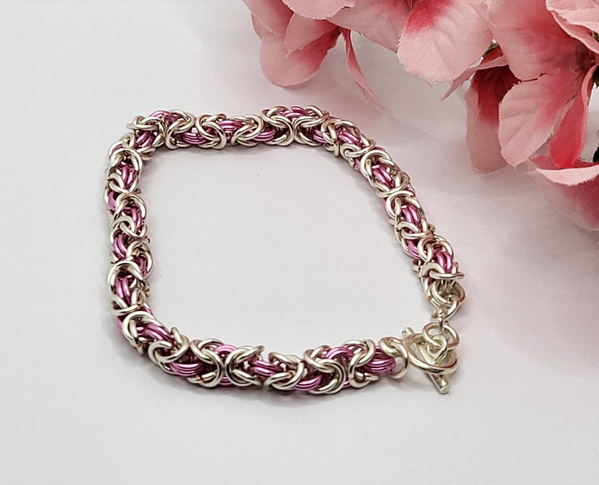 Pink and Silver Byzantine Weave Bracelet