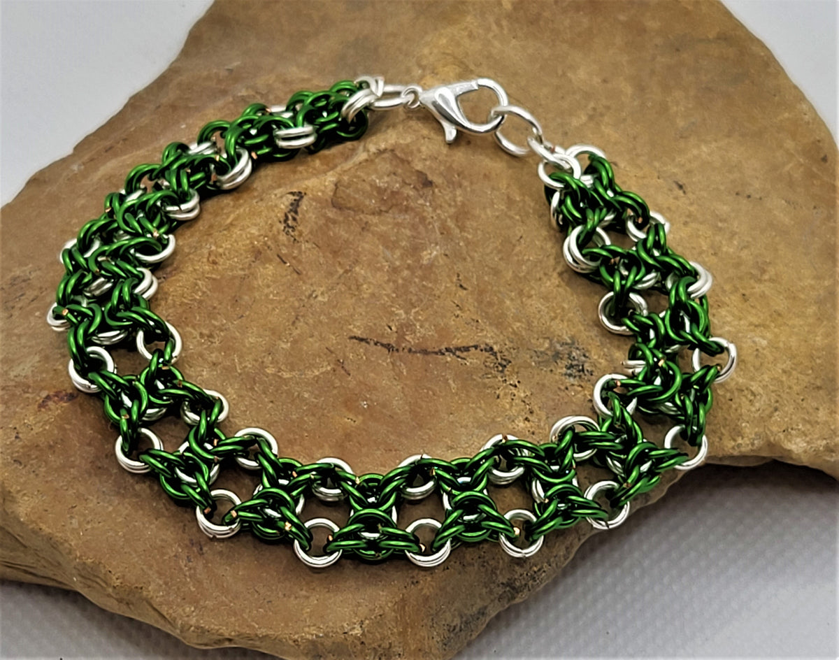 Silver and green chain mail bracelet