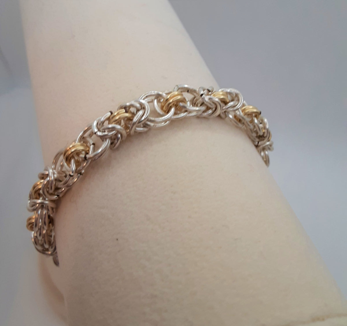 Silver and gold chain mail bracelet