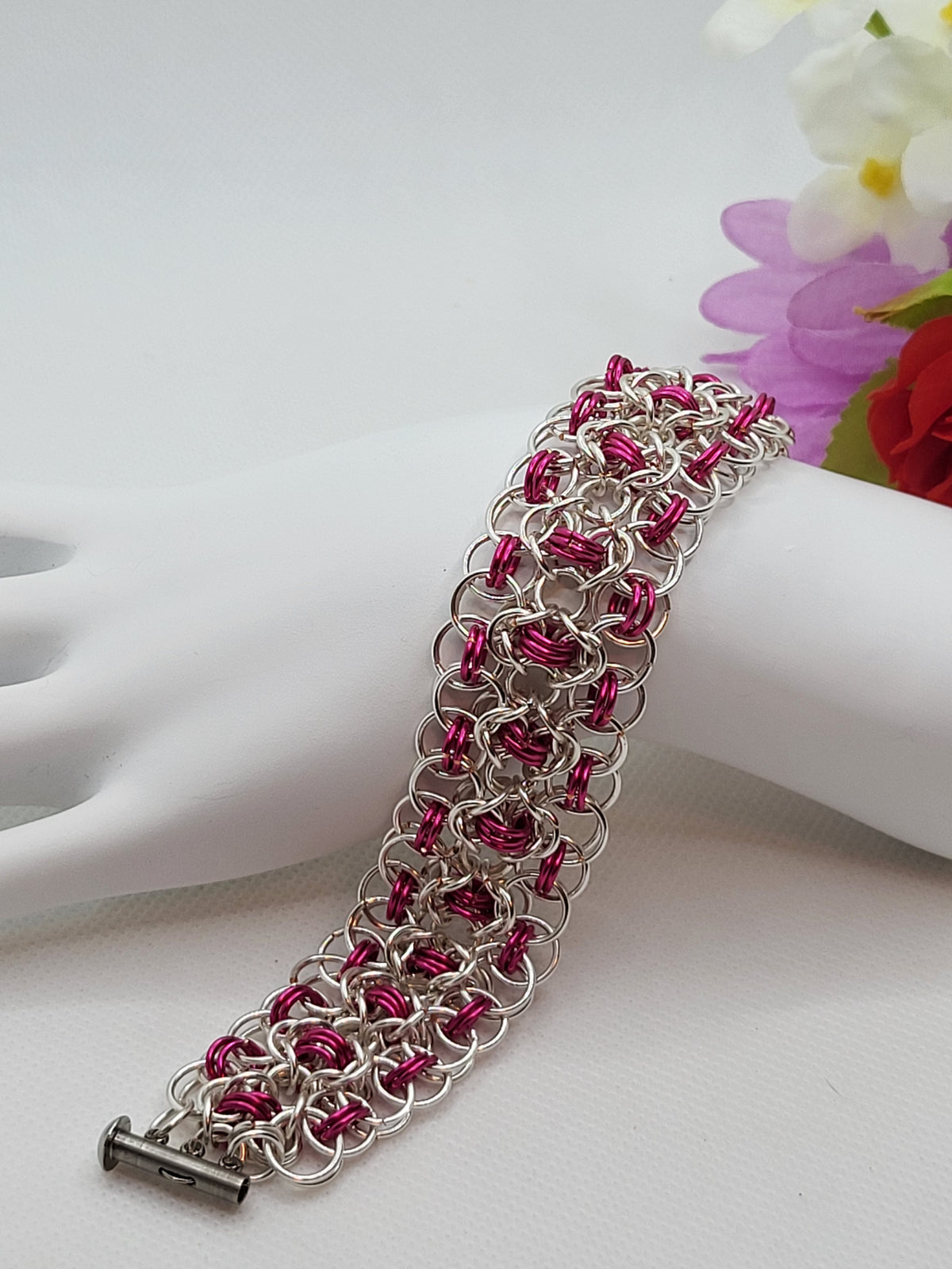 Silver and rose chain mail wide bracelet