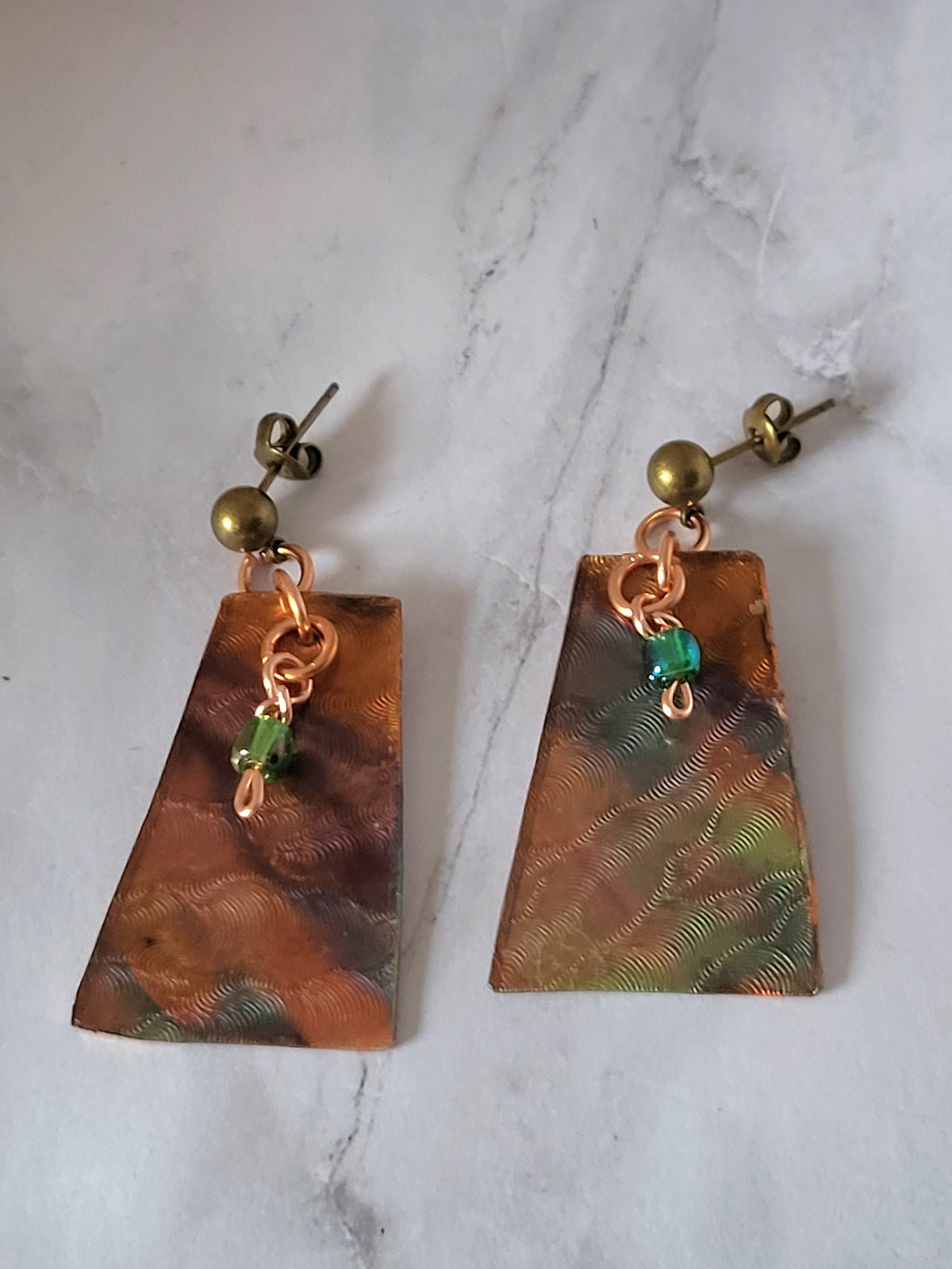 Patterned Flame Colored Copper Earrings