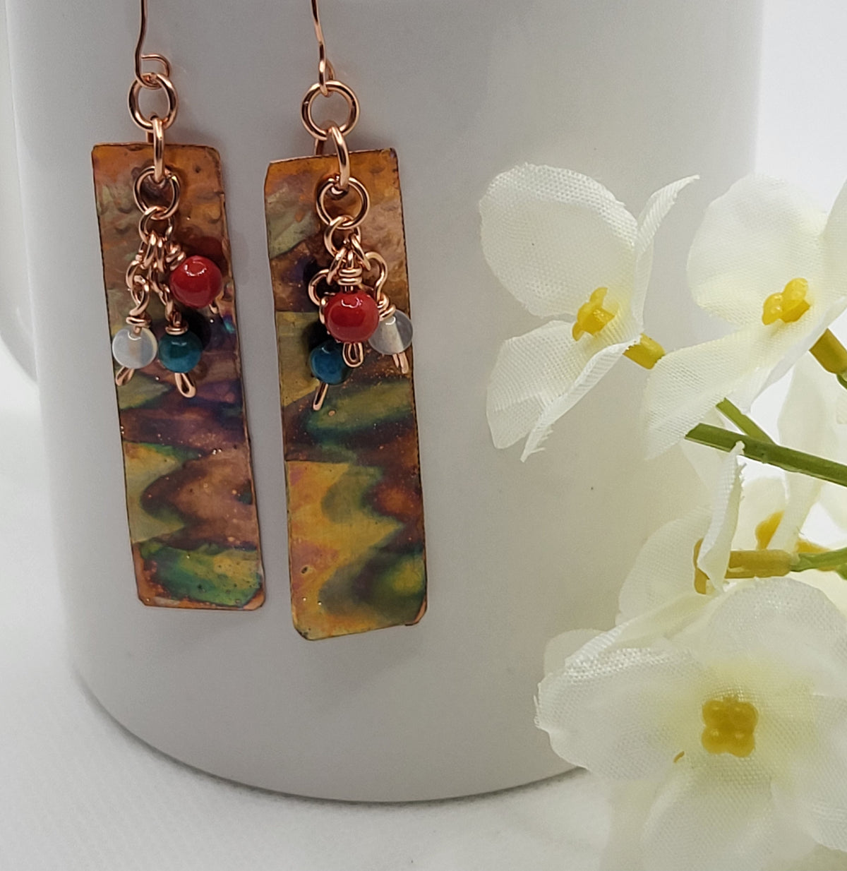 Rectangular Flame Painted Copper Earrings