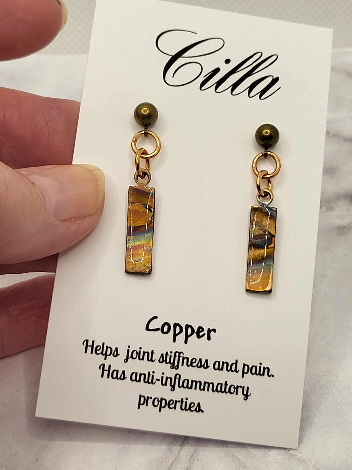 Small Rectangle Flame Colored Copper Earrings