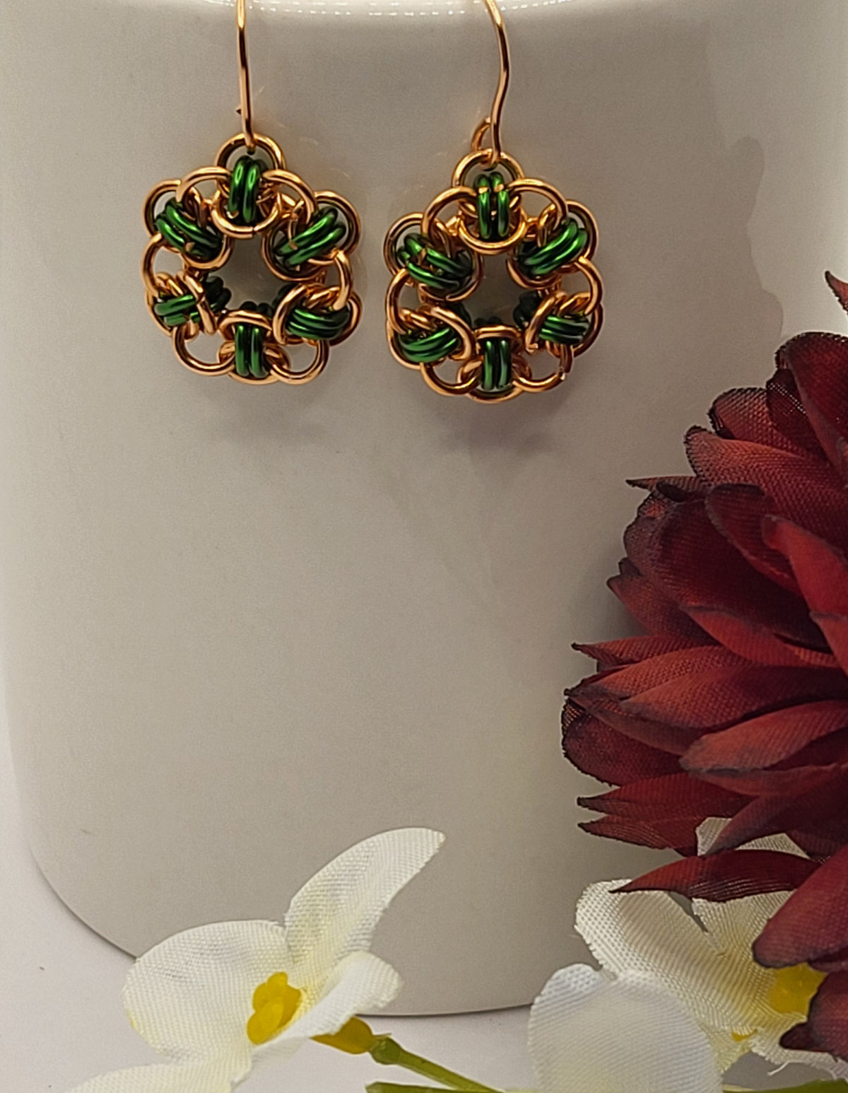Copper and Green Chain Mail Circle Earrings