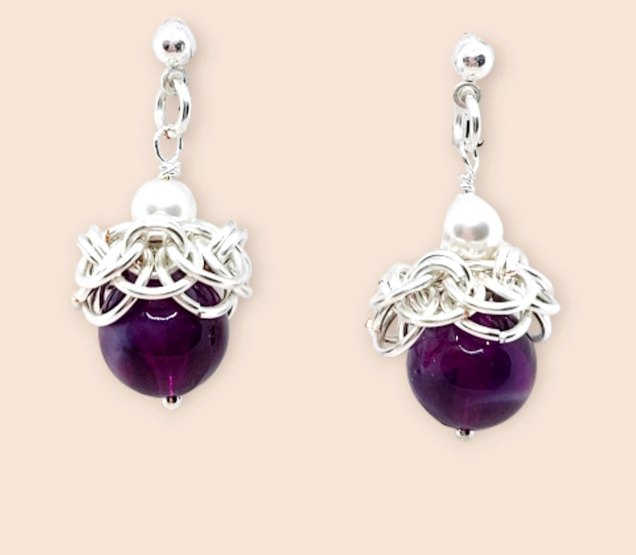 Silver Chain mail earrings with large purple beads