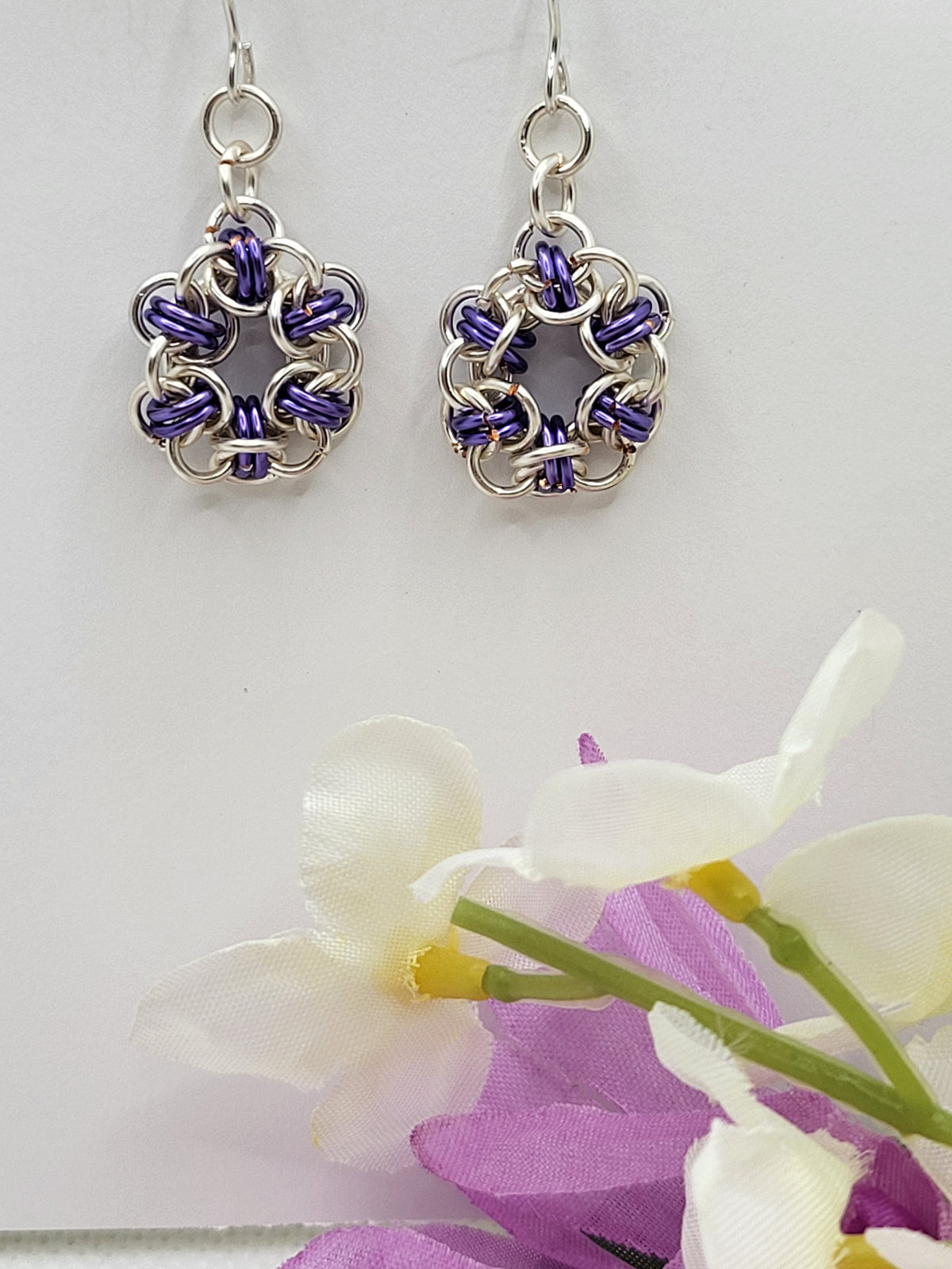 Purple and silver circular chain mail earrings