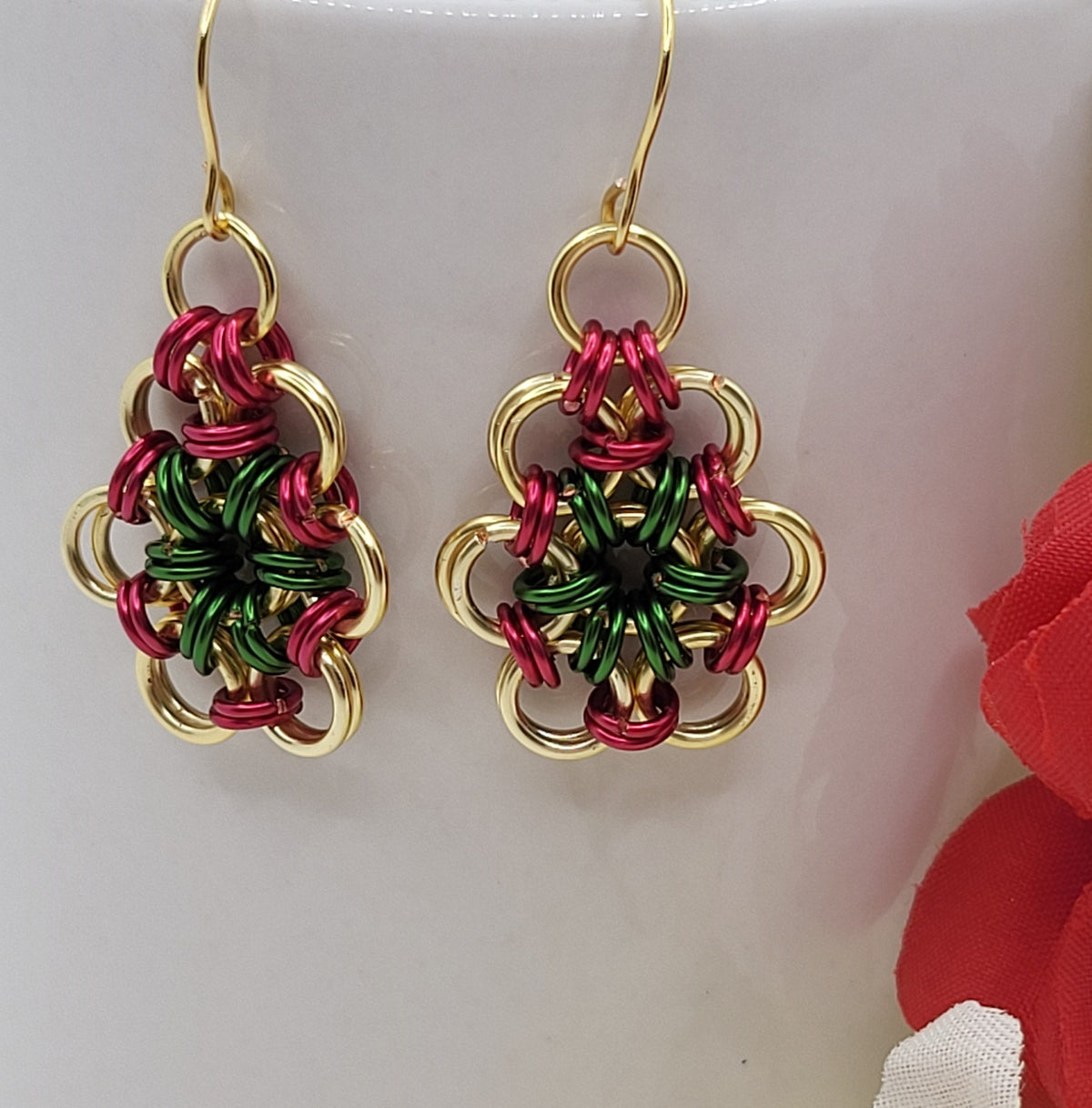 Red, Green, and Gold Circle Earrings