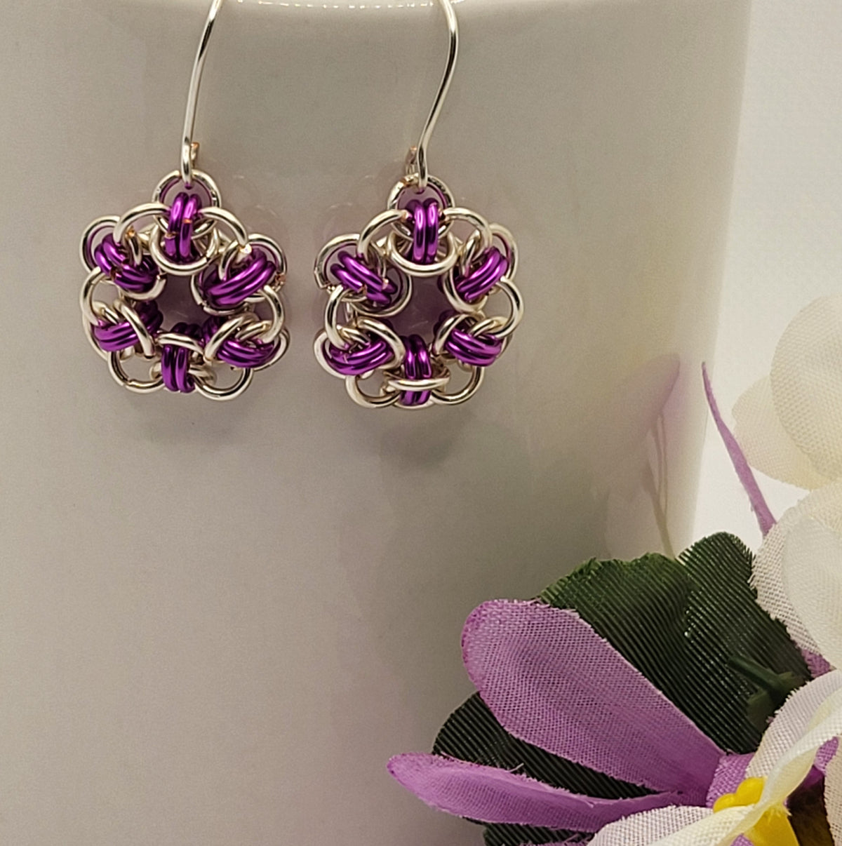 Silver and Fuschia chain mail earrings