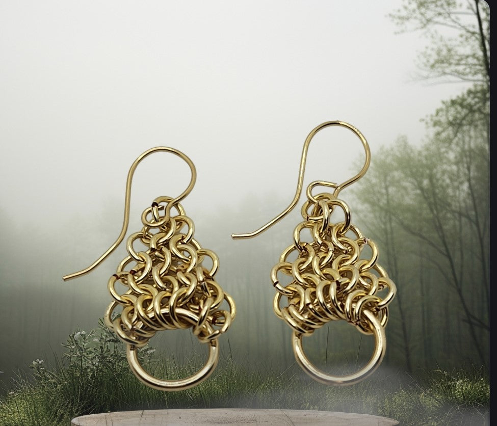Gold tone triangle shaped chain mail earrings