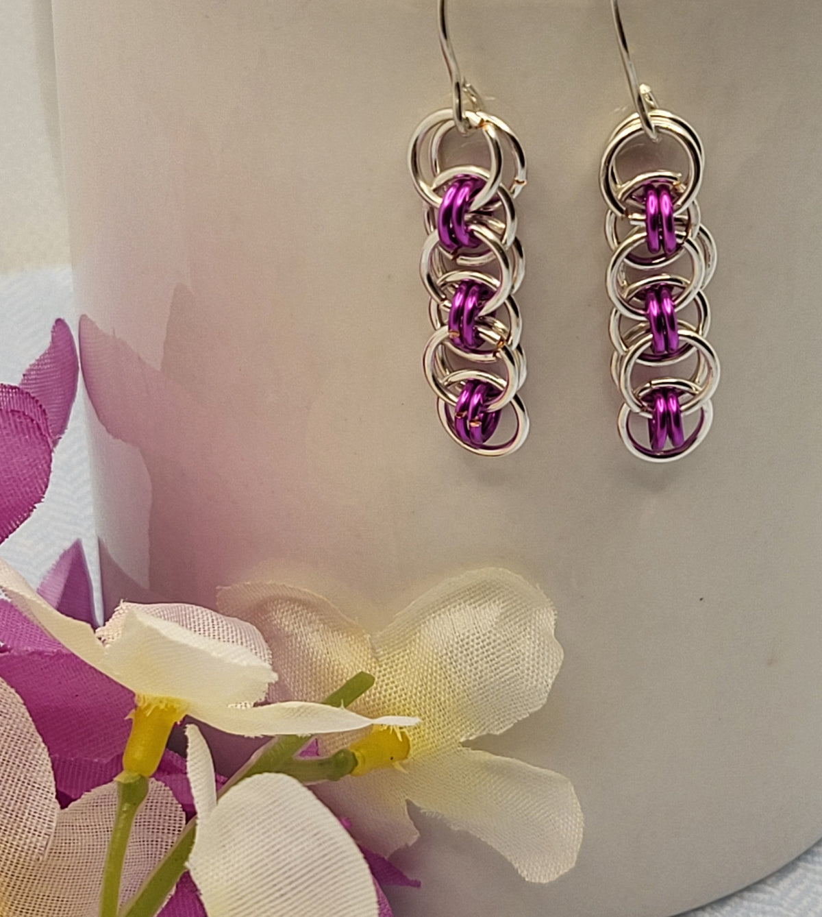 Purple and silver chain mail earrings