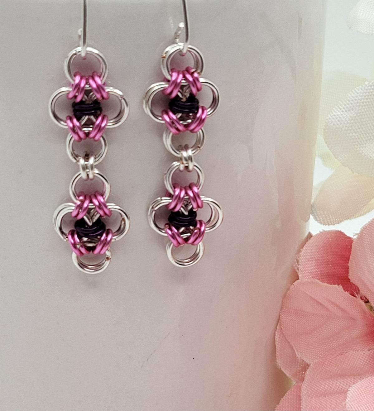 Pink and silver chain mail earrings