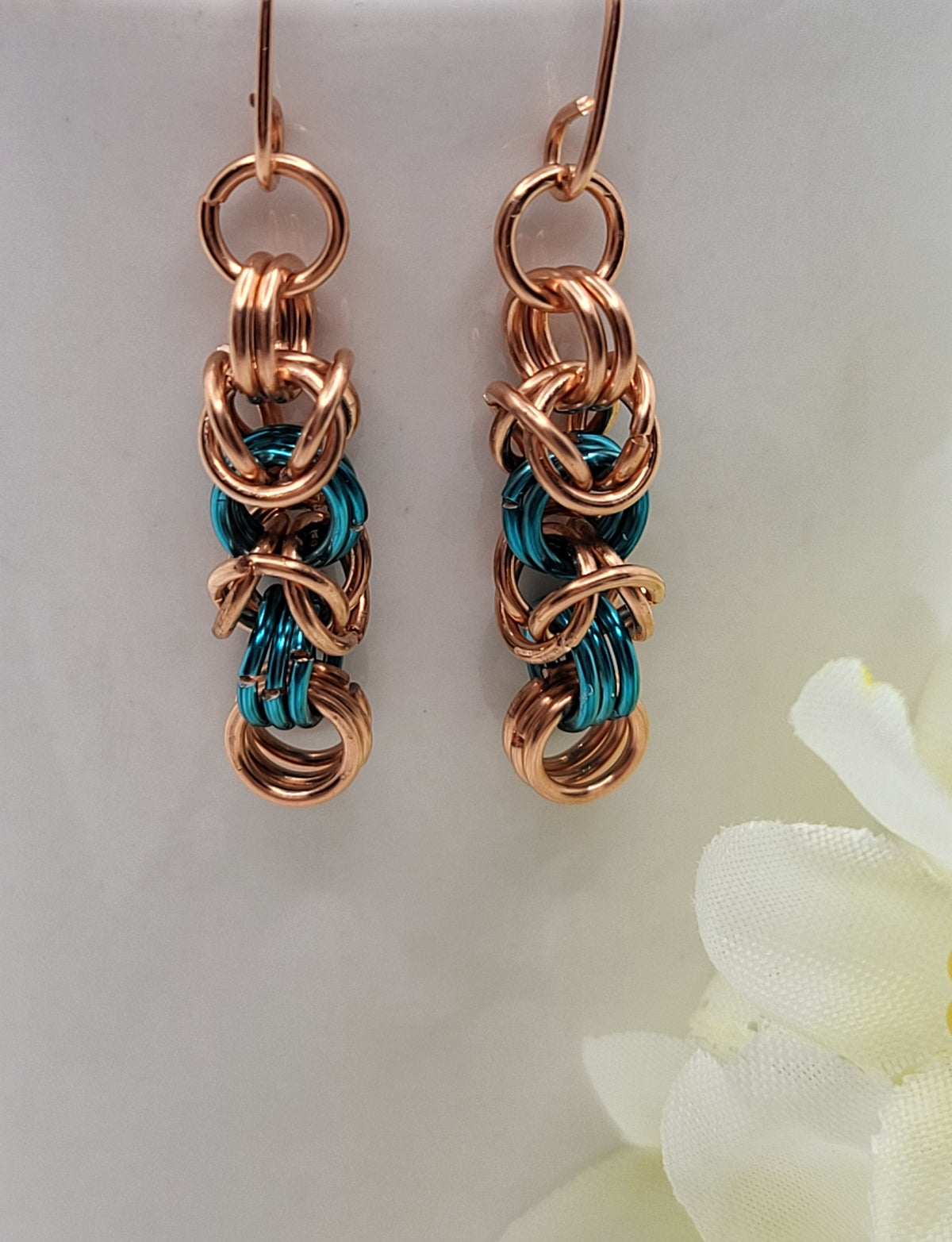 Copper and blue chain mail earrings