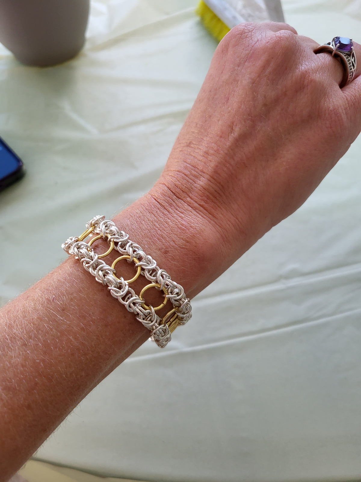 Silver and Gold Wire Chain Mail Bracelet