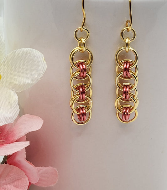 Coral and gold color chain mail earrings