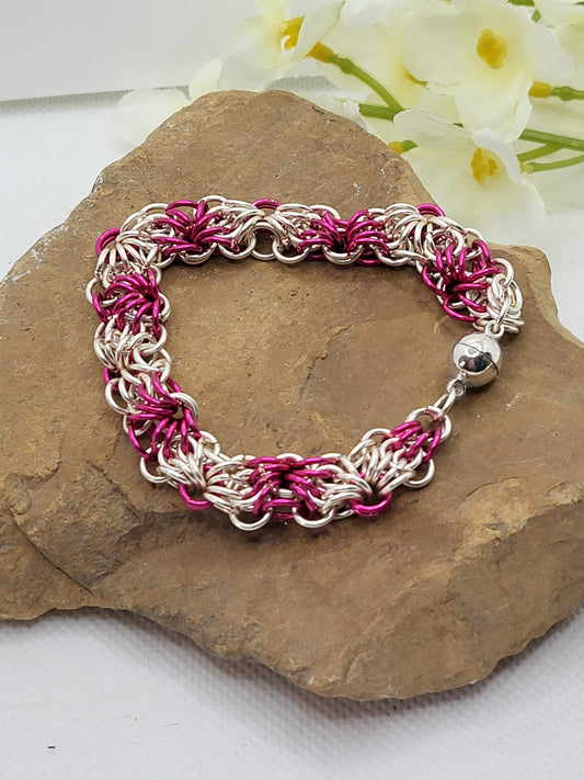 Pink and Silver Chain Mail Bracelet