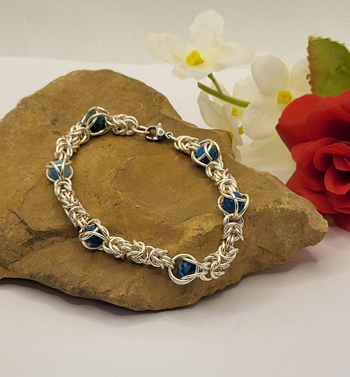 Handcrafted Chain Mail Silver Bracelet with Floating Jasper Beads