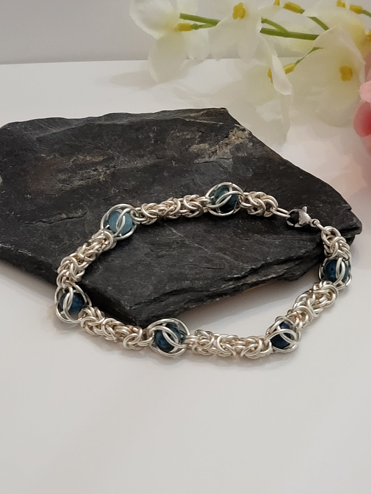 Handcrafted Chain Mail Silver Bracelet with Floating Jasper Beads