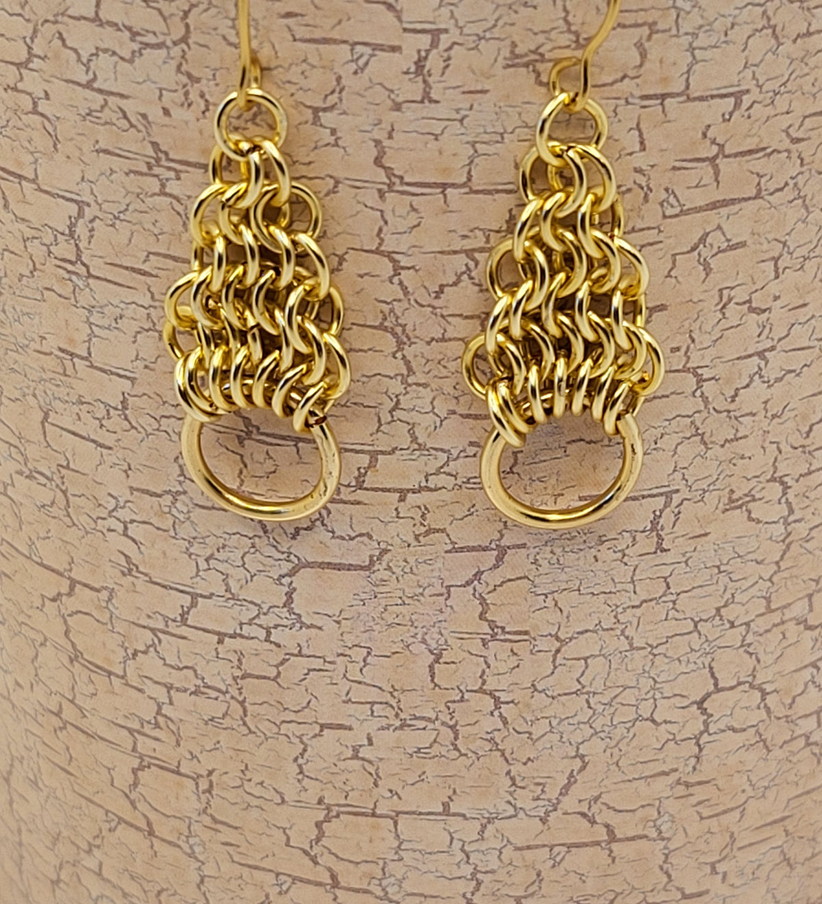 Gold tone triangle shaped chain mail earrings