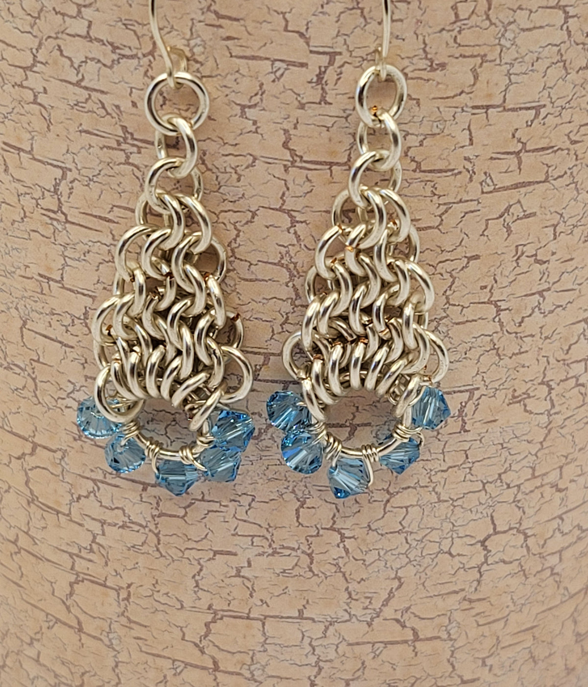 Silver Tone Chain Mail Earrings with blule crystal beads