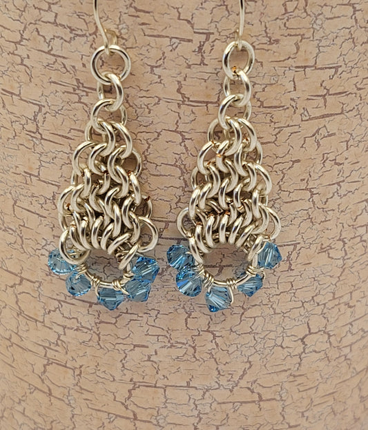 Silver Tone Chain Mail Earrings with blule crystal beads
