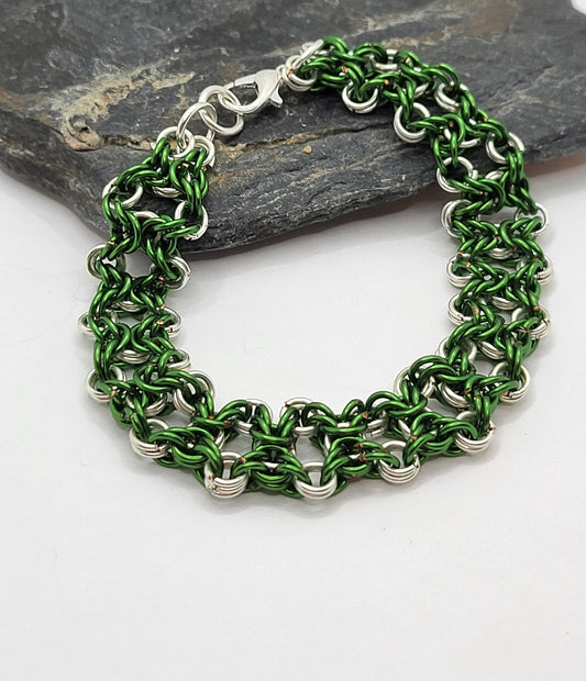 Silver and Green Chain Mail Bracelet