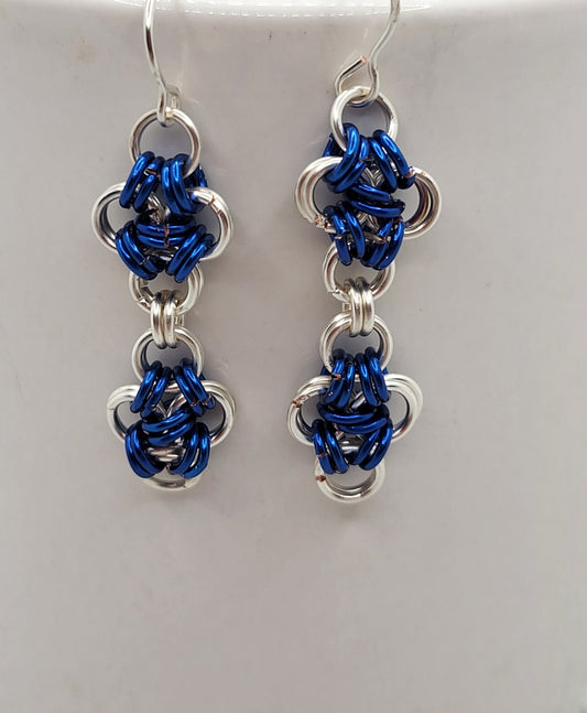 Blue and Silver Criss-Cross Chain Mail Earrings