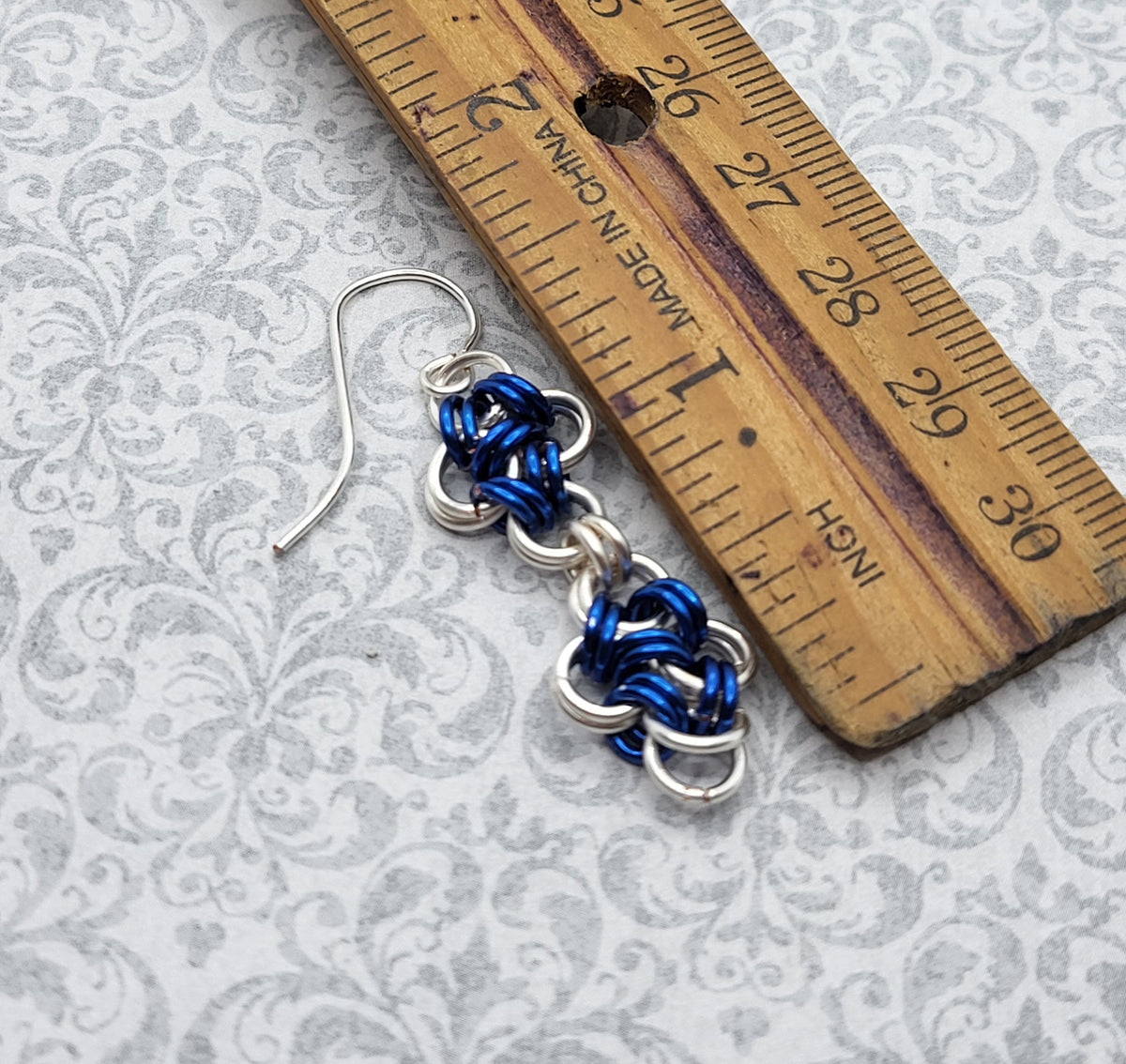 Blue and Silver Criss-Cross Chain Mail Earrings