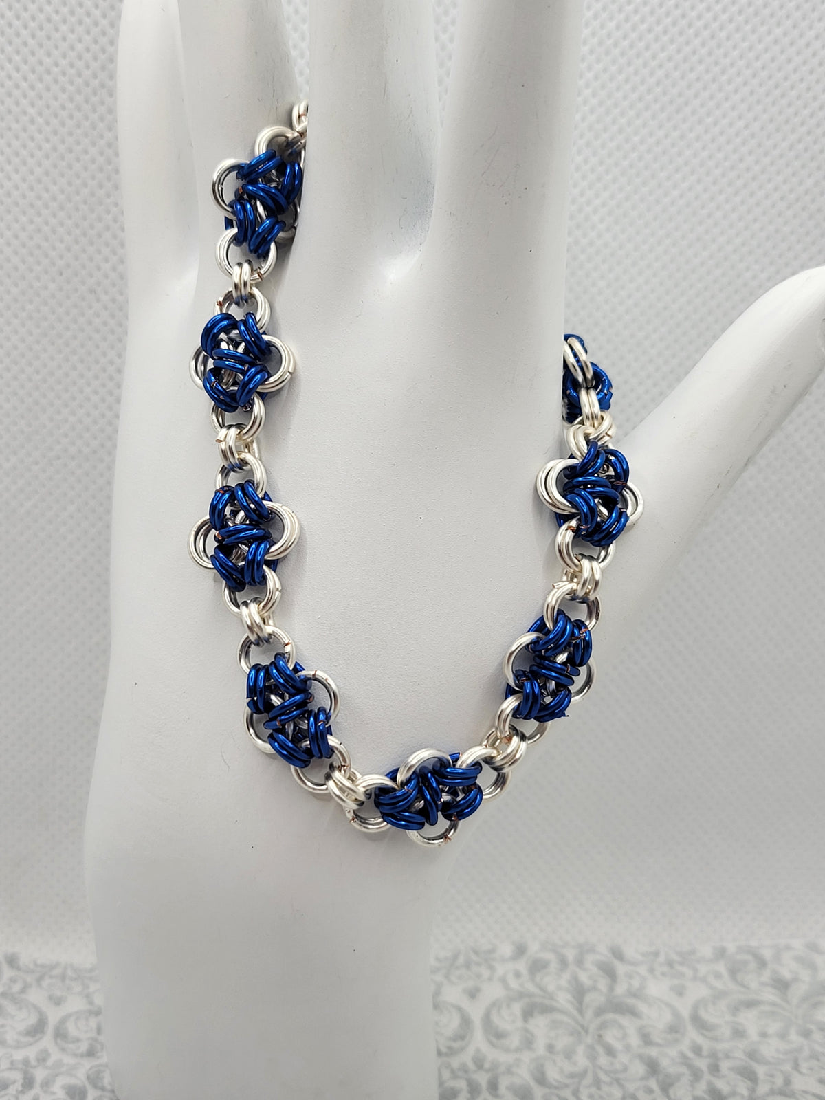 Blue and Silver Criss-Cross Chain Mail Bracelet