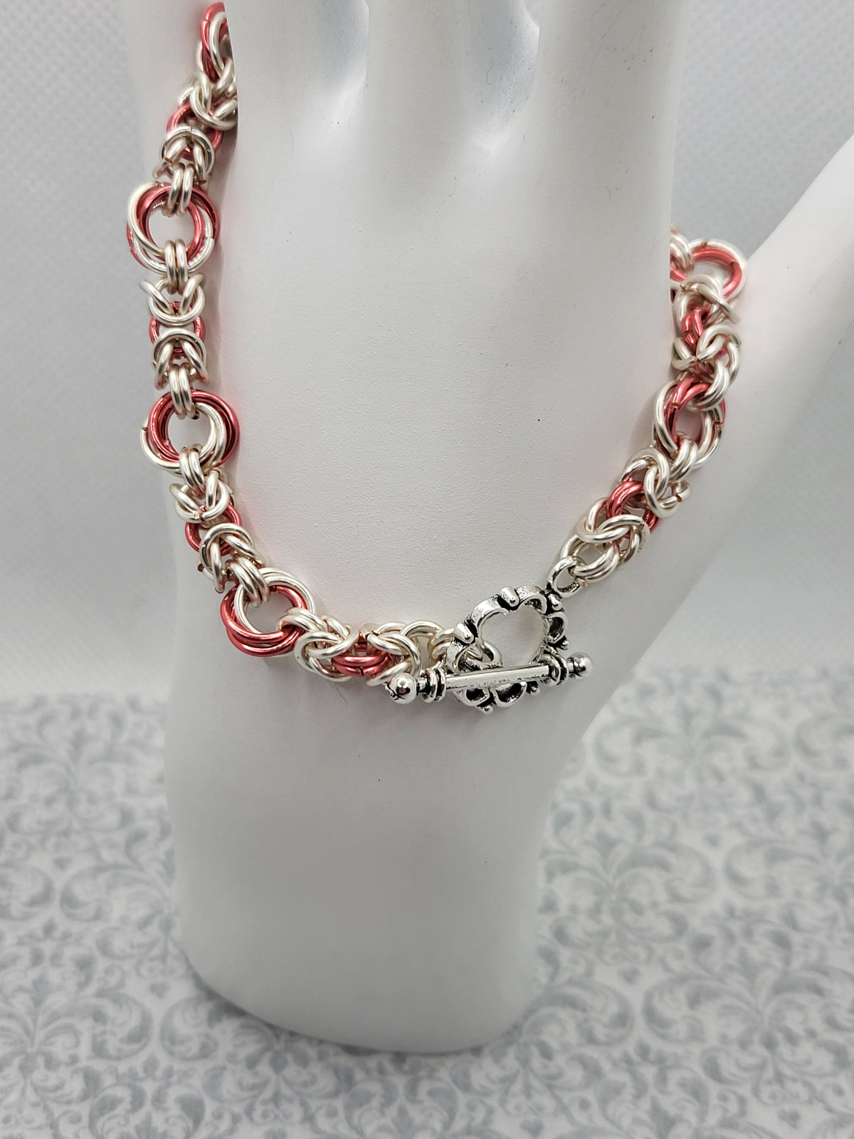 Silver and Coral Chain Mail Bracelet