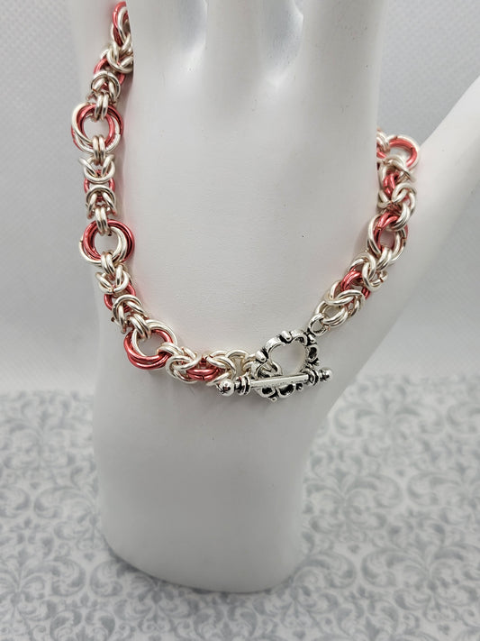 Silver and Coral Chain Mail Bracelet
