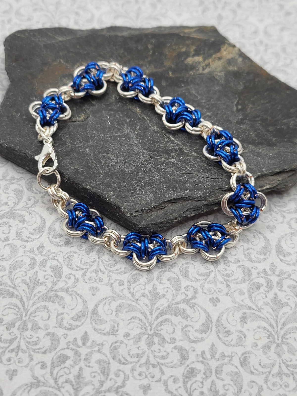 Blue and Silver Criss-Cross Chain Mail Bracelet