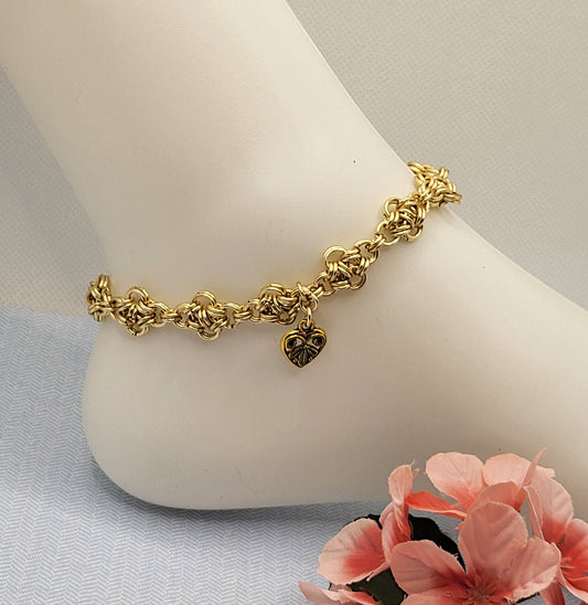 Chain Mail Gold Tone Anklet with Heart Charm