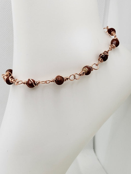 Copper anklet with red jasper beads