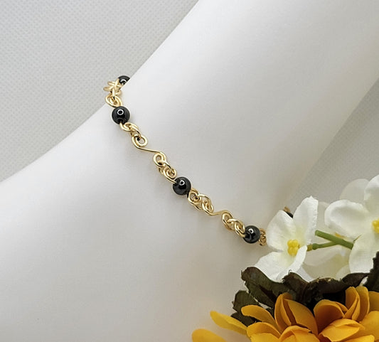 Gold with Black Beads Anklet