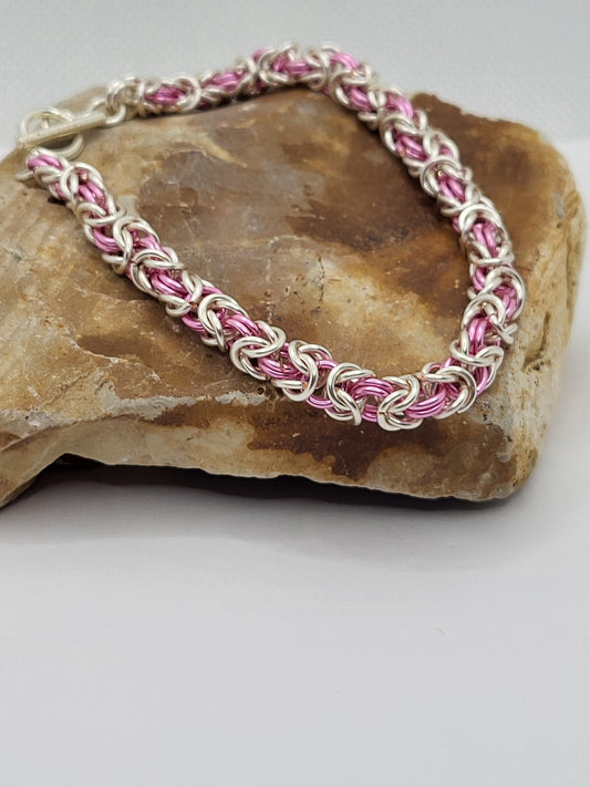 Pink and Silver Byzantine Weave Bracelet