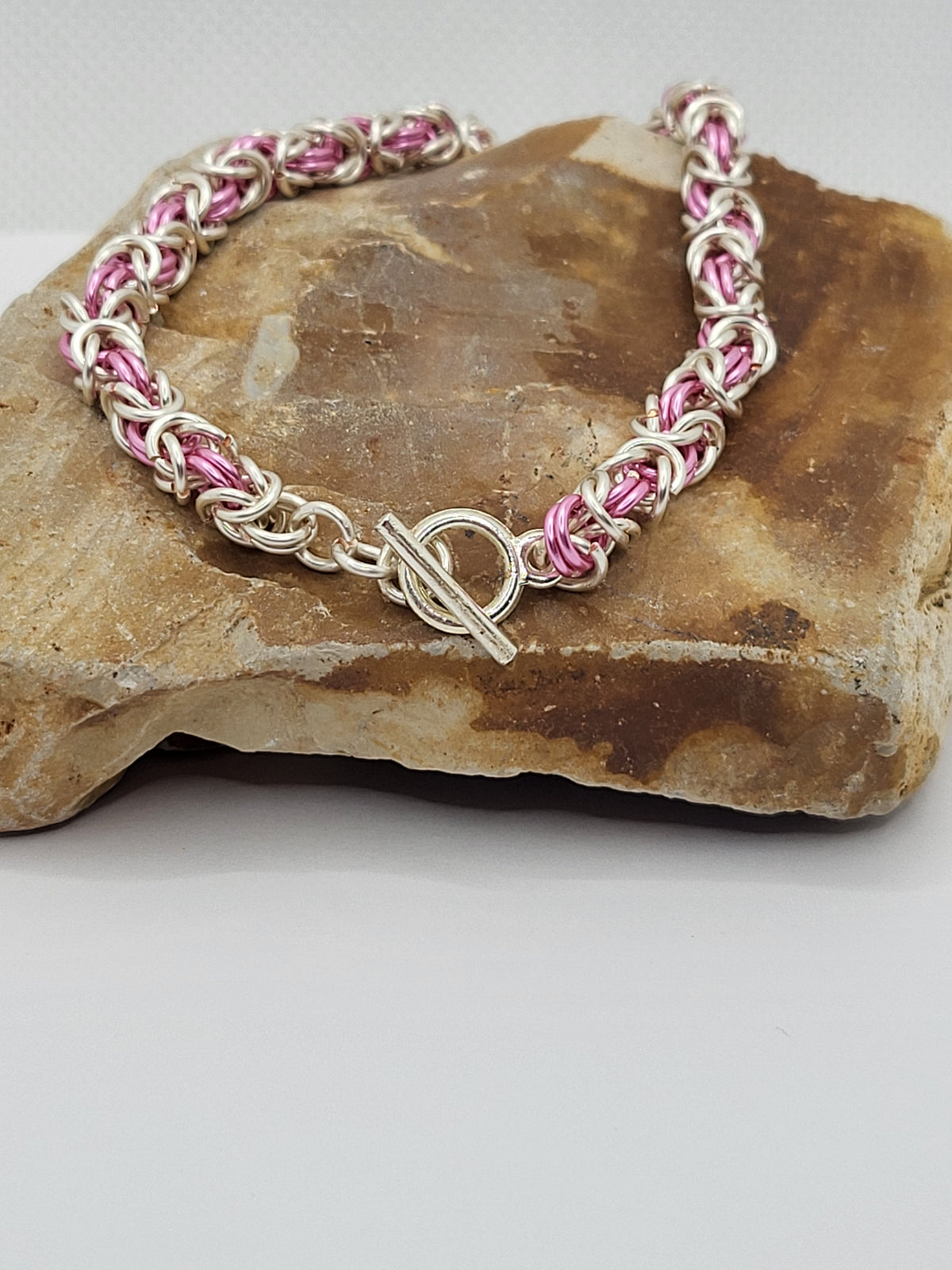 Pink and Silver Byzantine Weave Bracelet