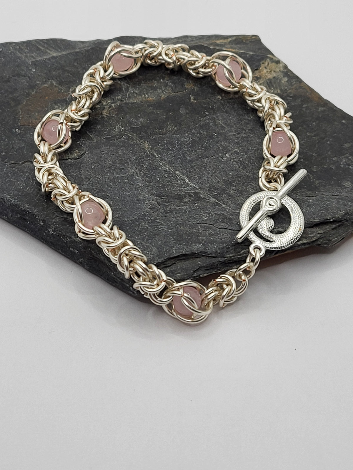 Silver-Tone Byzantine Chain Mail Bracelet with Rose Quartz Beads