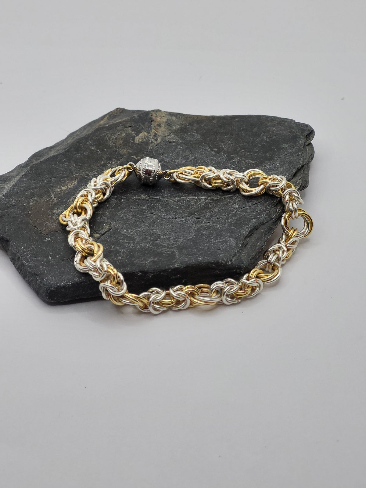 Silver and Gold Tone Byzantine Chain Mail Bracelet