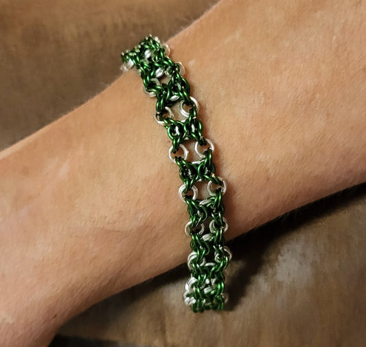 Silver and green chain mail bracelet