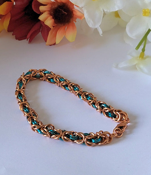 Copper and Blue Chain Mail Bracelet