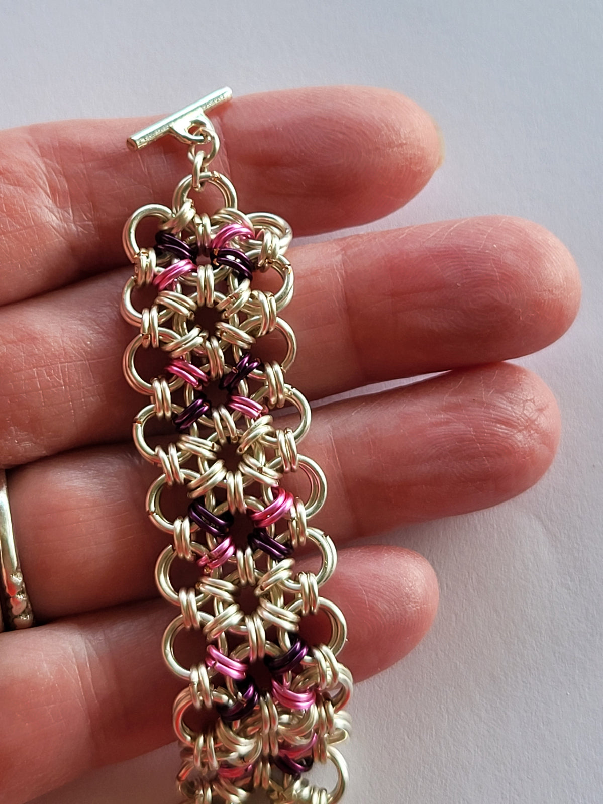 Silver with a splash of color chain mail bracelet