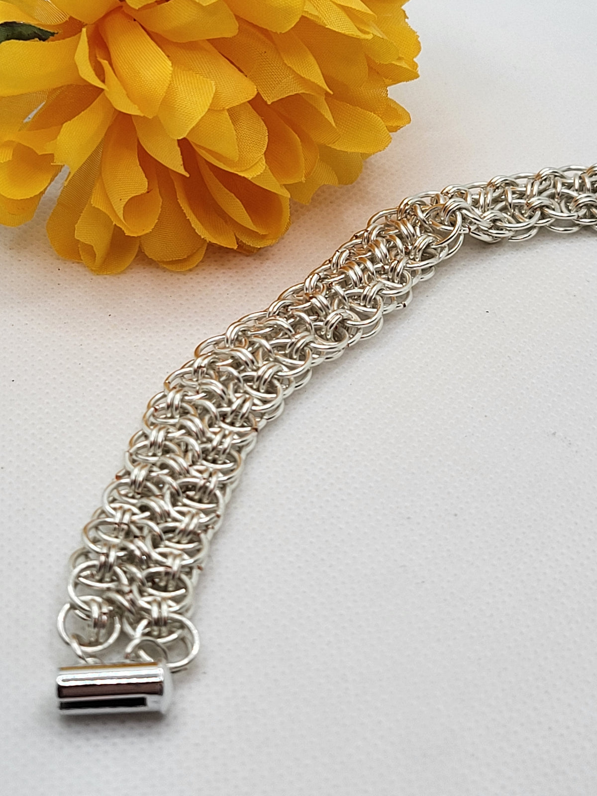 Silver chain mail bracelet with slide clasp