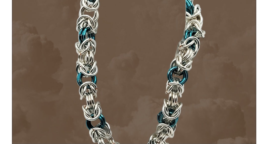 Silver and blue chain mail bracelet