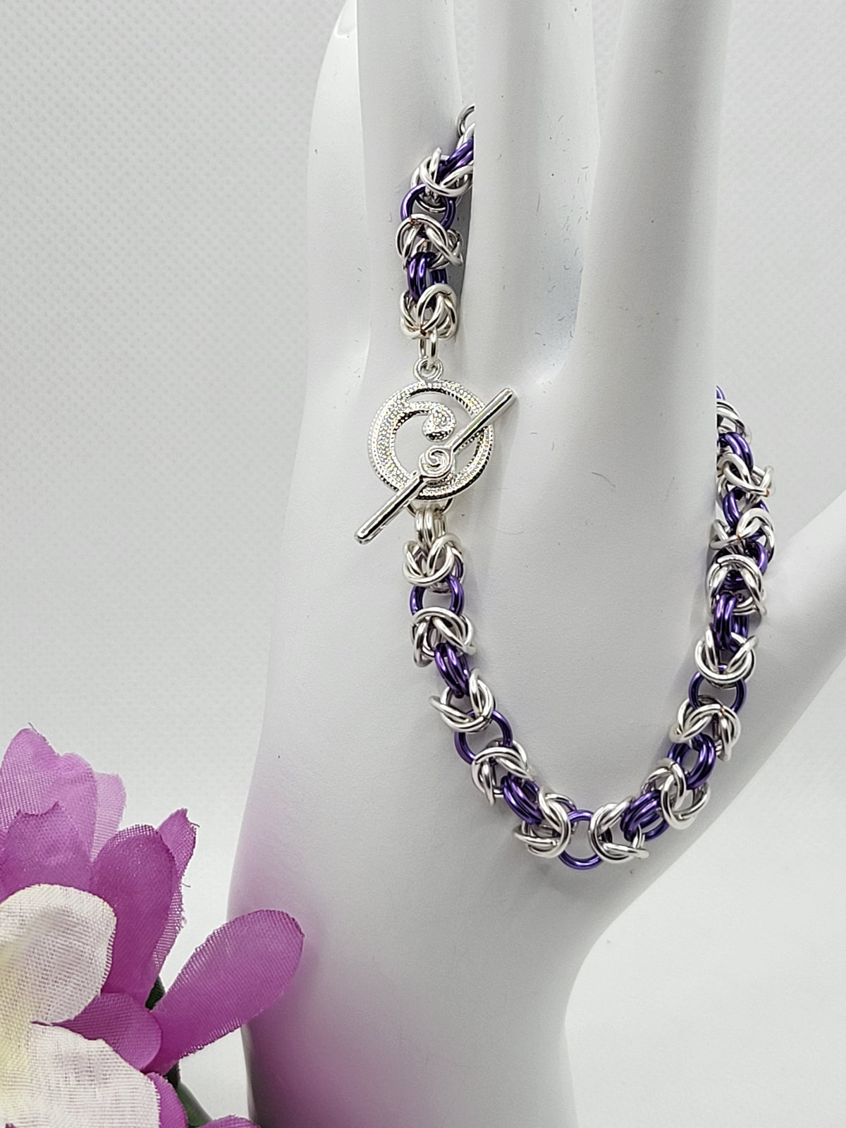 Silver and blue chain mail bracelet