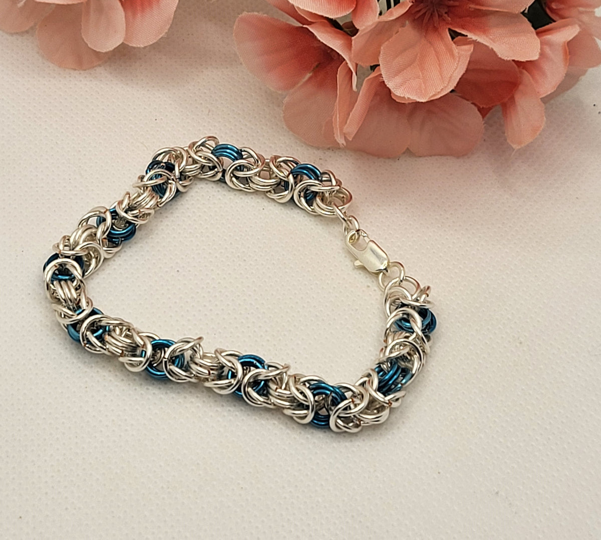 Silver and blue chain mail bracelet